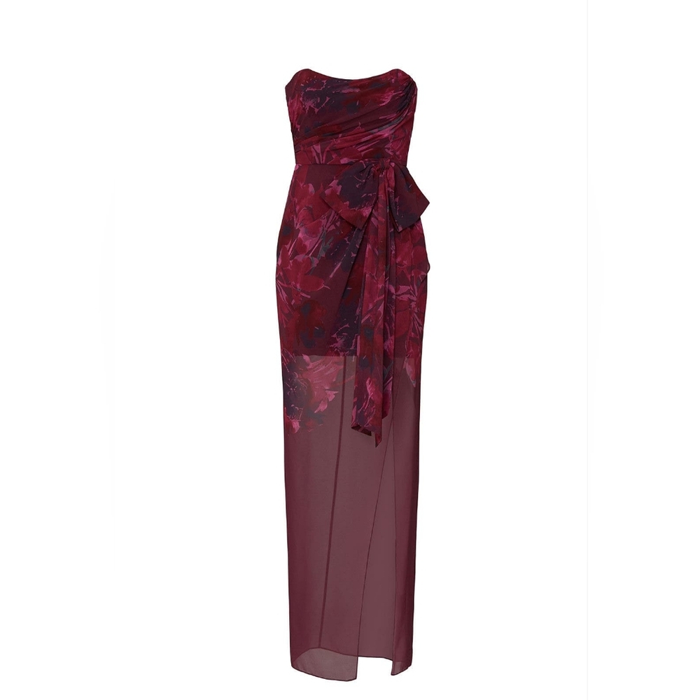 Badgley Mischka Burgundy Floral Bow Detail Formal Gown 16 Jewel Romantic Classy